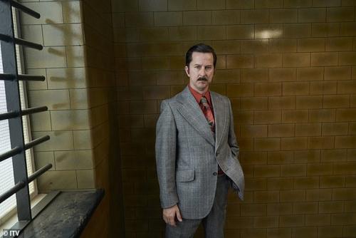 Lee Ingleby wearing a 1970's suit. Supplied by Kuhl Vintage. Credit: ITV